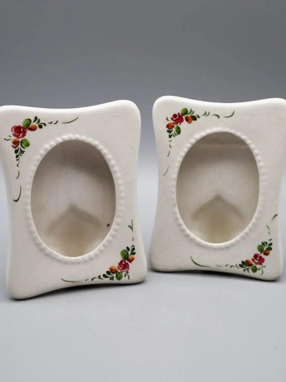 2 Vintage Small Porcelain Photo Standing Frames Floral Painted Cottagecore